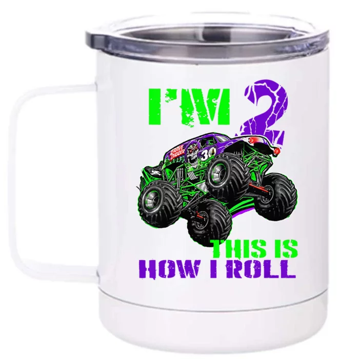 Kids Monster Trucks Are My Jam 2nd Birthday Boy 2 Years Old Front & Back 12oz Stainless Steel Tumbler Cup