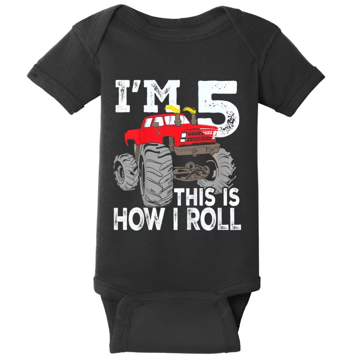 K.i.d.s Monster Trucks 5th Birthday Party Shirt Five Years Baby Bodysuit