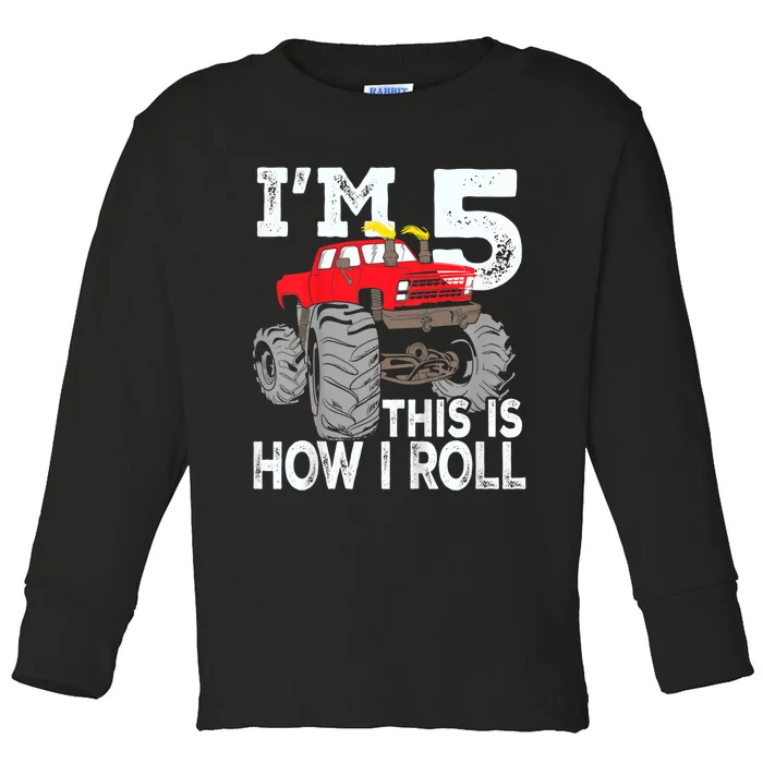 K.i.d.s Monster Trucks 5th Birthday Party Shirt Five Years Toddler Long Sleeve Shirt