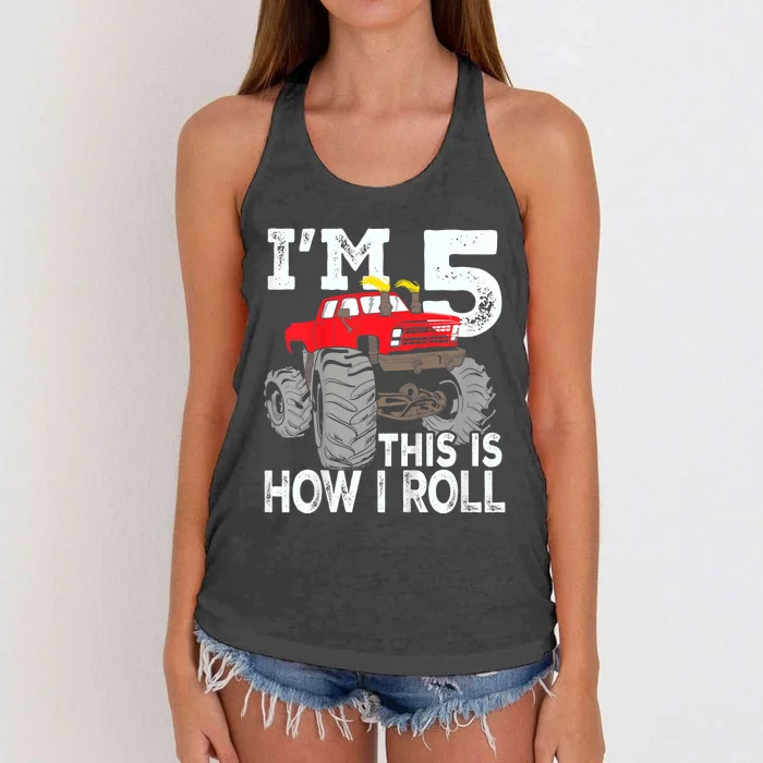 K.i.d.s Monster Trucks 5th Birthday Party Shirt Five Years Women's Knotted Racerback Tank