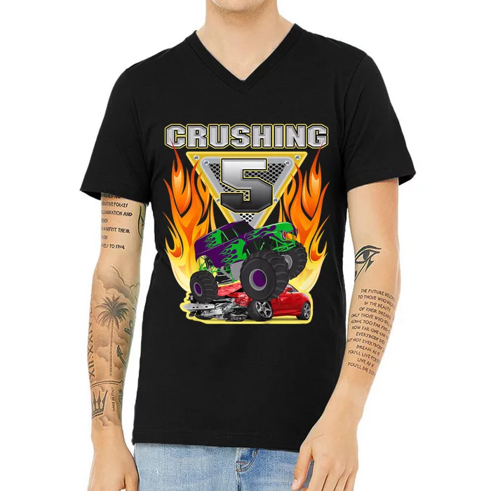 K.i.d.s Monster Truck Crushing being 5 Five Years Old 5th Birthday V-Neck T-Shirt