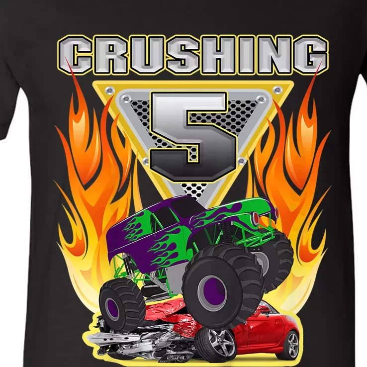 K.i.d.s Monster Truck Crushing being 5 Five Years Old 5th Birthday V-Neck T-Shirt