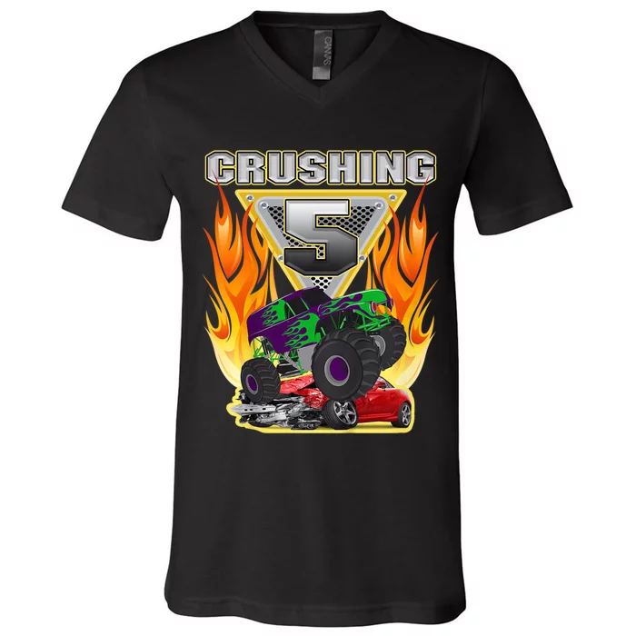 K.i.d.s Monster Truck Crushing being 5 Five Years Old 5th Birthday V-Neck T-Shirt