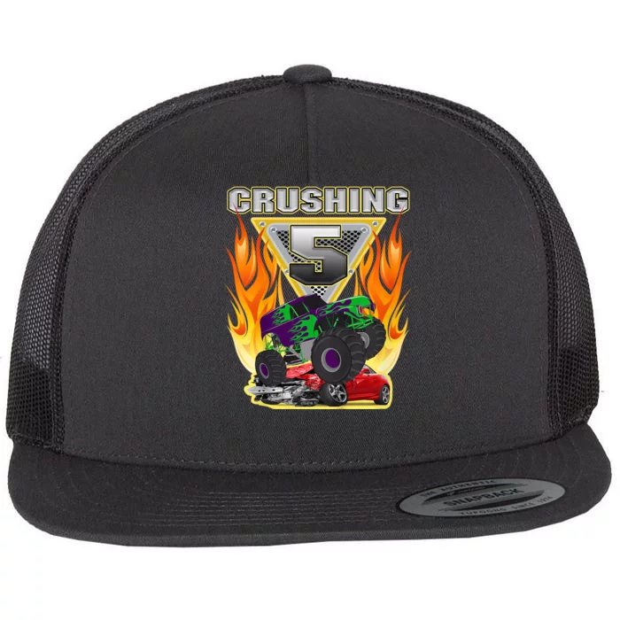 K.i.d.s Monster Truck Crushing being 5 Five Years Old 5th Birthday Flat Bill Trucker Hat