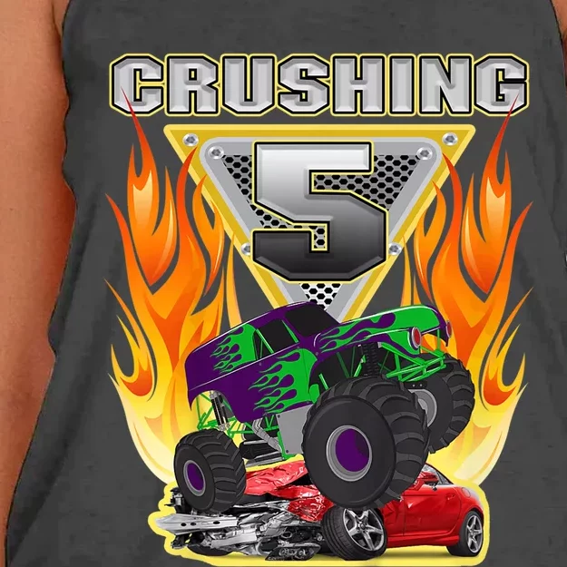 K.i.d.s Monster Truck Crushing being 5 Five Years Old 5th Birthday Women's Knotted Racerback Tank