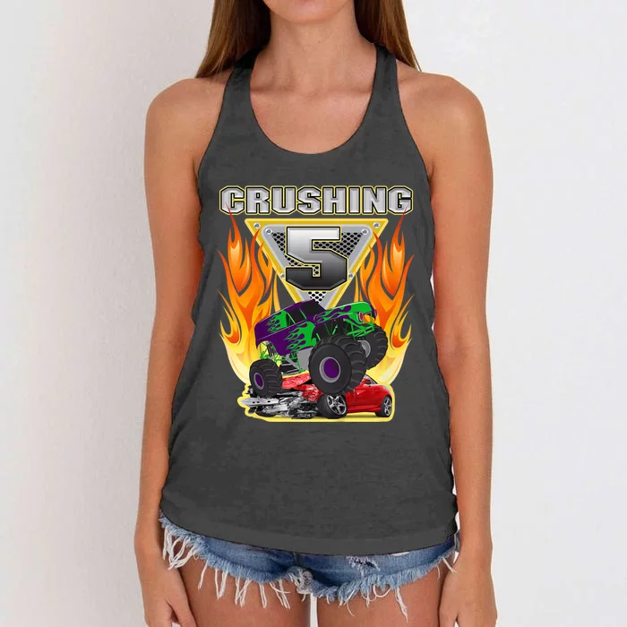 K.i.d.s Monster Truck Crushing being 5 Five Years Old 5th Birthday Women's Knotted Racerback Tank