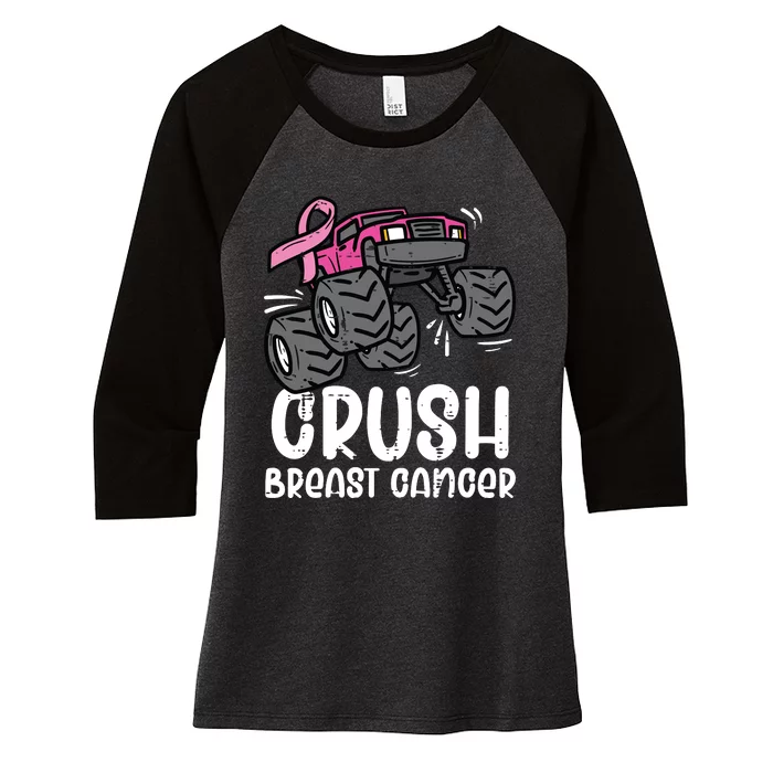 Kids Monster Truck Pink Breast Cancer Awareness Kids Women's Tri-Blend 3/4-Sleeve Raglan Shirt