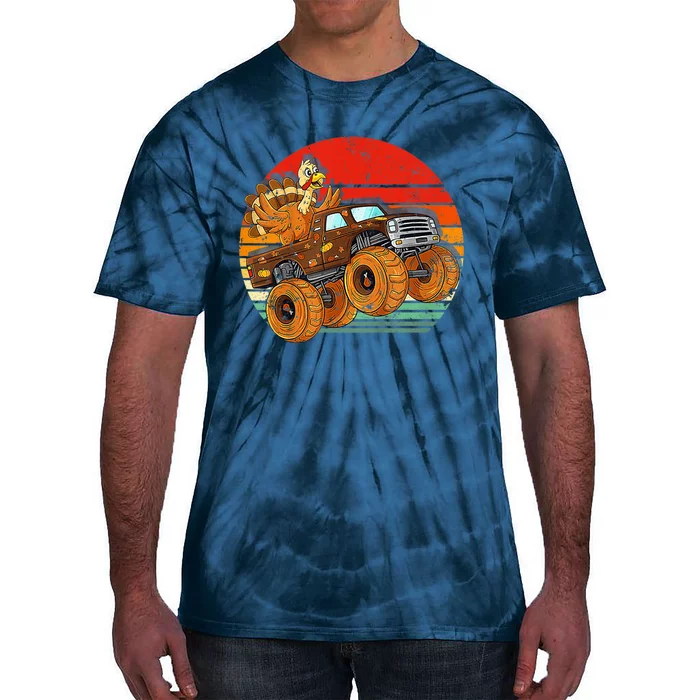 Kids Monster Truck Turkey Sunset Retro Thanksgiving Boys Toddler Tie-Dye T-Shirt