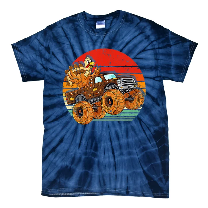 Kids Monster Truck Turkey Sunset Retro Thanksgiving Boys Toddler Tie-Dye T-Shirt