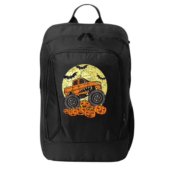 Kids Monster Truck Halloween Jack O Lantern Moon Pumpkin City Backpack