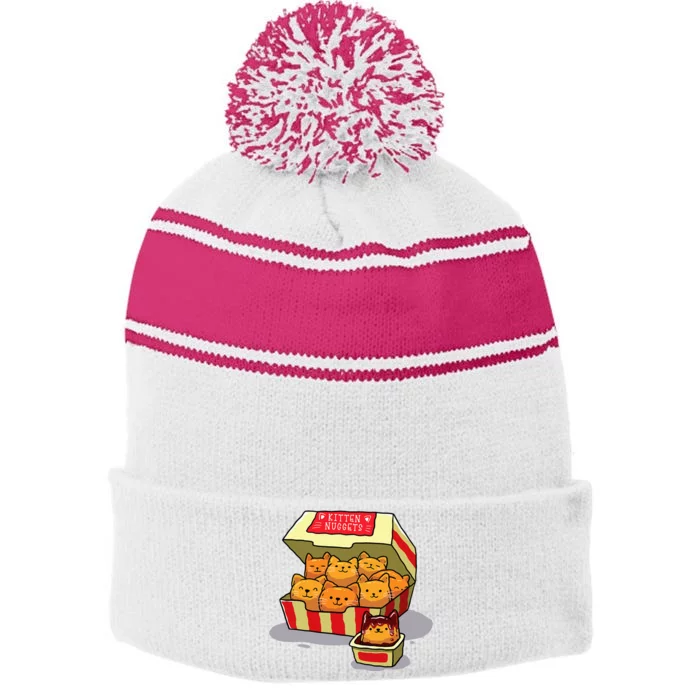 Kitten Nuggets Food Pun Cat Lover Gift Chicken Nuggets Stripe Pom Pom Beanie