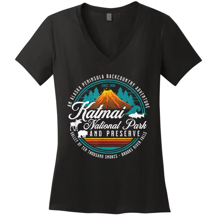 Katmai National Park Preserve Alaska Bear Watching Salmon Women's V-Neck T-Shirt