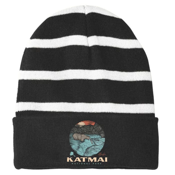 Katmai National Park Vintage Bear Striped Beanie with Solid Band