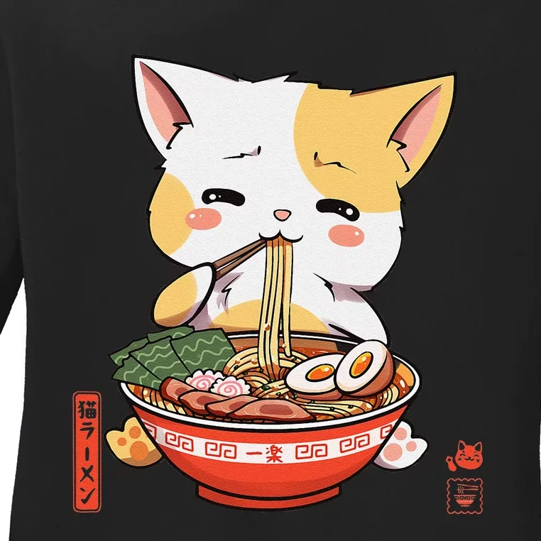 Kawaii Neko Ra Cute Ra Cat Japanese Noodle Funny Anime Ladies Long Sleeve Shirt