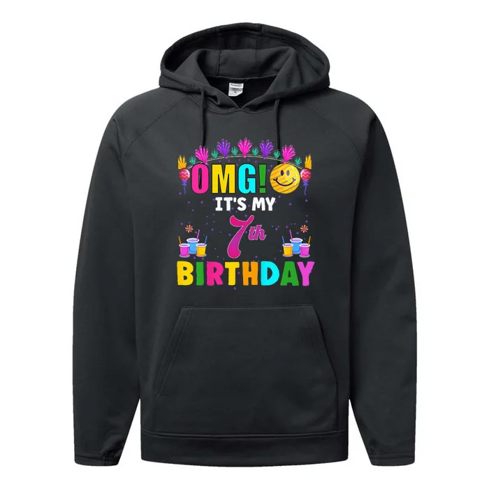 Kids OMG Its My 7th Birthday Cute 7 Year Old Birthday Party Performance Fleece Hoodie