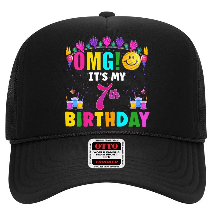 Kids OMG Its My 7th Birthday Cute 7 Year Old Birthday Party High Crown Mesh Trucker Hat