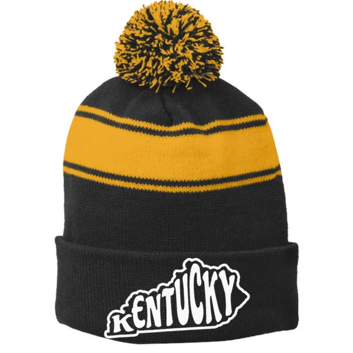 Kentucky Outline In White Stripe Pom Pom Beanie