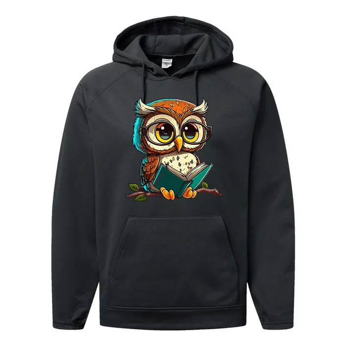 Kawaii Owl Reads Book Reading Bookworm Library Book Performance Fleece Hoodie