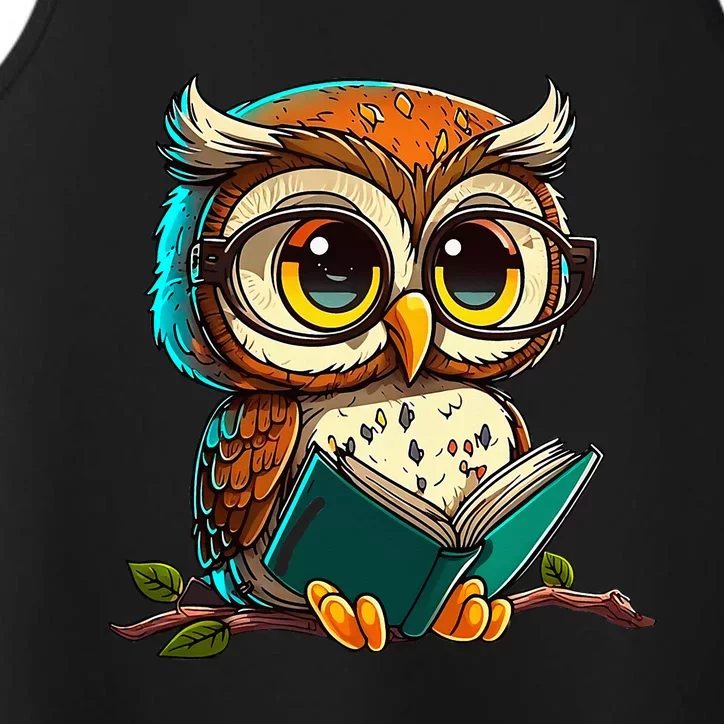 Kawaii Owl Reads Book Reading Bookworm Library Book Performance Tank