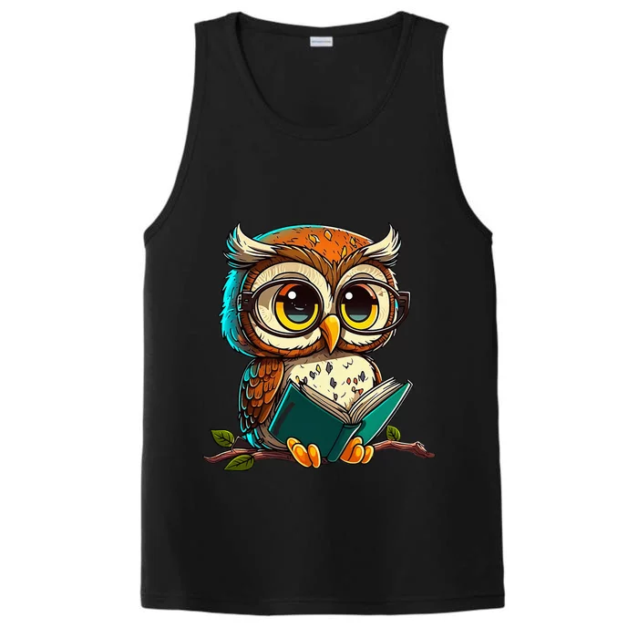 Kawaii Owl Reads Book Reading Bookworm Library Book Performance Tank