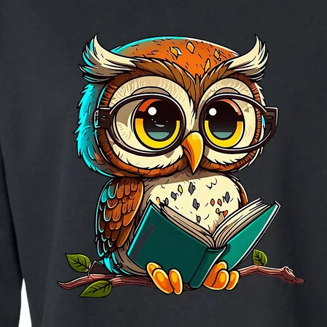 Kawaii Owl Reads Book Reading Bookworm Library Book Cropped Pullover Crew