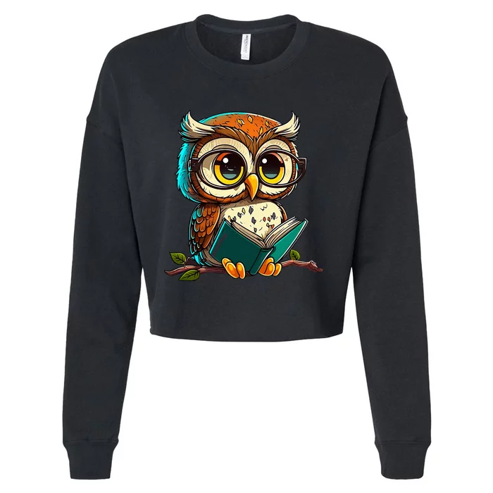 Kawaii Owl Reads Book Reading Bookworm Library Book Cropped Pullover Crew