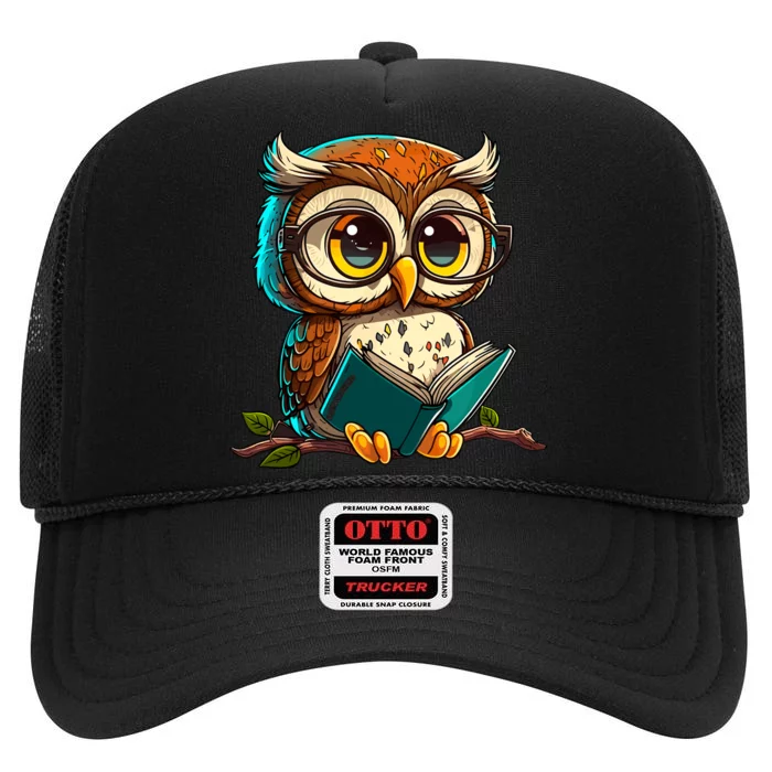 Kawaii Owl Reads Book Reading Bookworm Library Book High Crown Mesh Trucker Hat