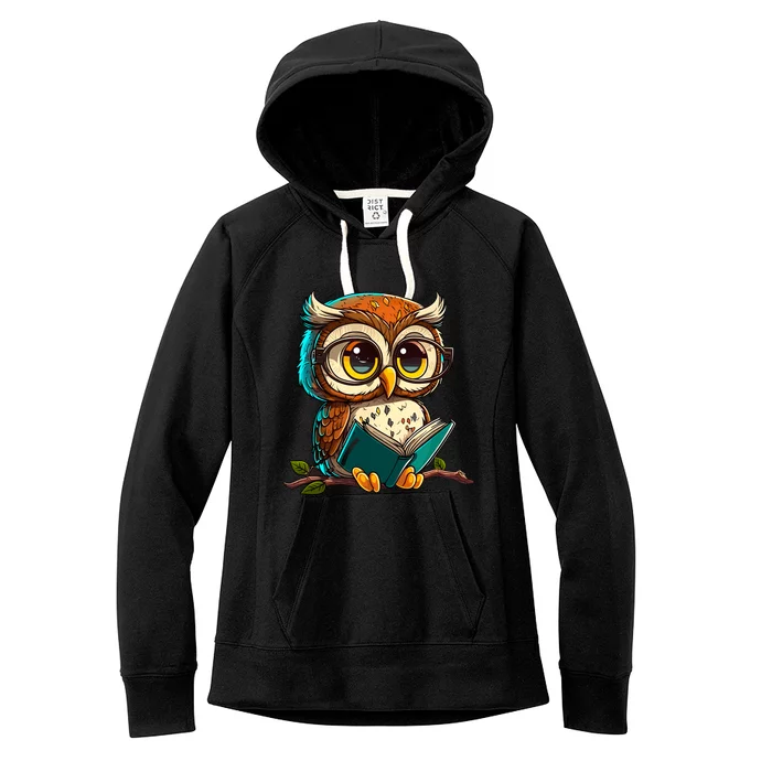 Kawaii Owl Reads Book Reading Bookworm Library Book Women's Fleece Hoodie