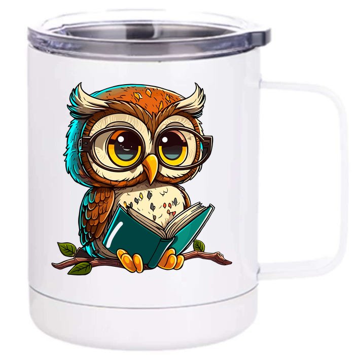 Kawaii Owl Reads Book Reading Bookworm Library Book Front & Back 12oz Stainless Steel Tumbler Cup