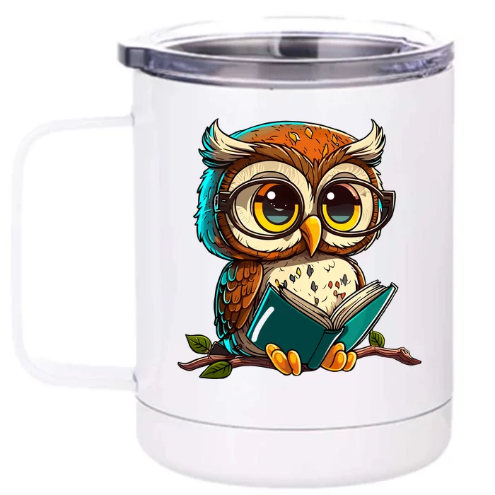 Kawaii Owl Reads Book Reading Bookworm Library Book Front & Back 12oz Stainless Steel Tumbler Cup