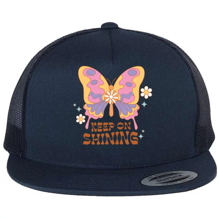 Keep On Shining Butterfly Groovy Daisy Flowers Plants Garden Gift Flat Bill Trucker Hat