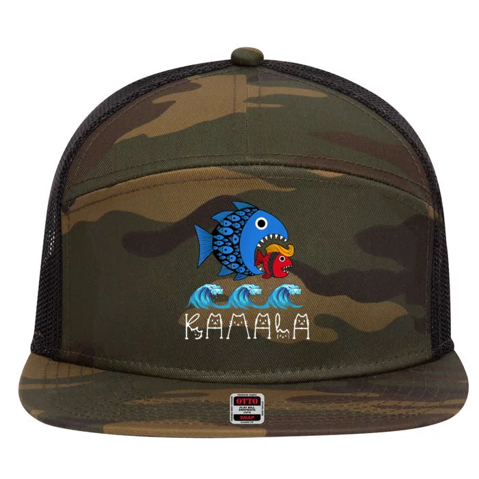 Kamala Over Trump Blue Wave Big Fish Eats Small Fish 7 Panel Mesh Trucker Snapback Hat