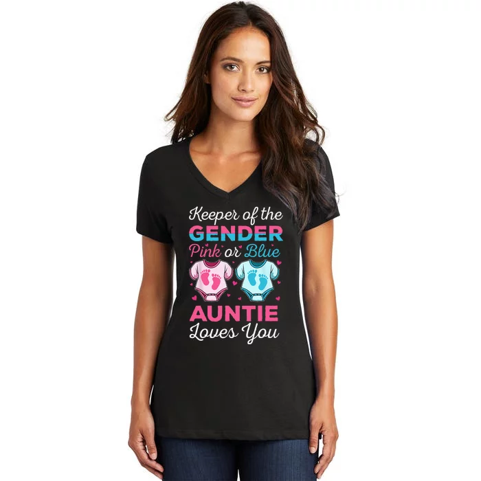 Keeper Of The Gender Auntie Loves You Baby Announcement Aunt Women's V-Neck T-Shirt