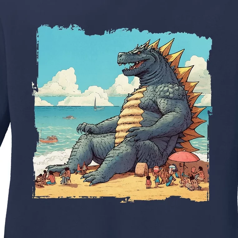 Kaiju On The Beach Suntanning Vacation Ocean Holiday Party Ladies Long Sleeve Shirt