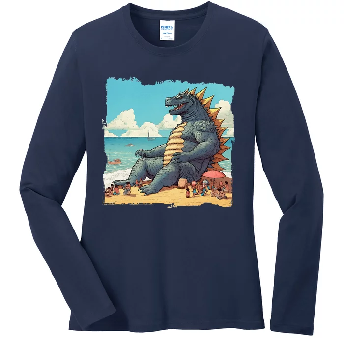 Kaiju On The Beach Suntanning Vacation Ocean Holiday Party Ladies Long Sleeve Shirt