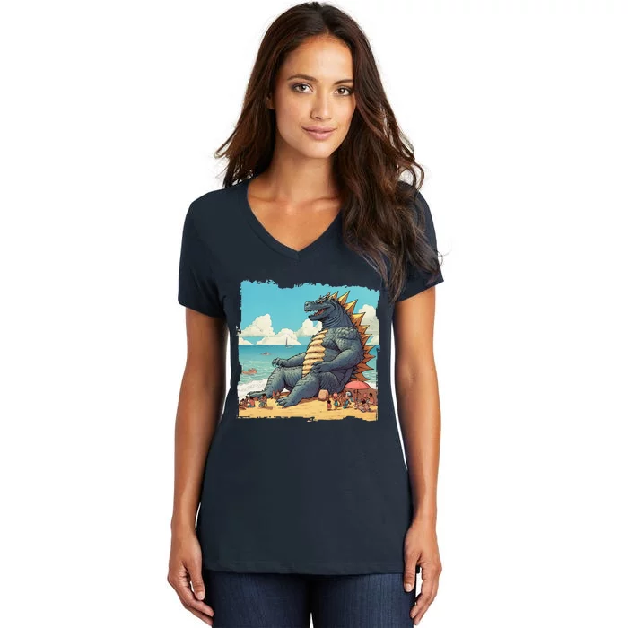 Kaiju On The Beach Suntanning Vacation Ocean Holiday Party Women's V-Neck T-Shirt