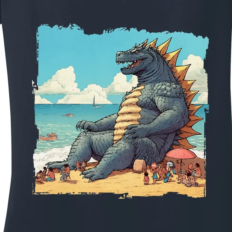 Kaiju On The Beach Suntanning Vacation Ocean Holiday Party Women's V-Neck T-Shirt