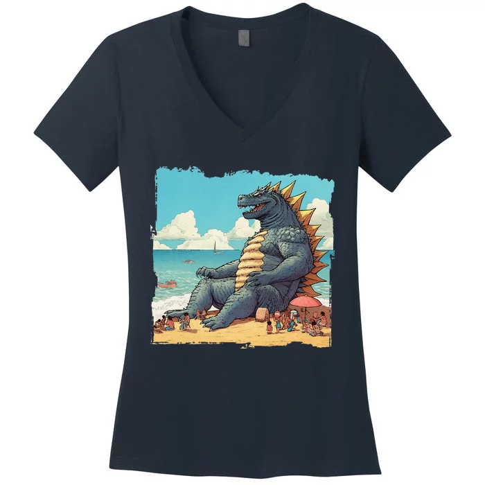 Kaiju On The Beach Suntanning Vacation Ocean Holiday Party Women's V-Neck T-Shirt