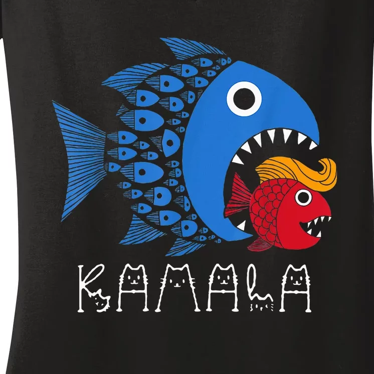 Kamala Over Trump Blue Wave Big Fish Eats Small Fish Women's V-Neck T-Shirt