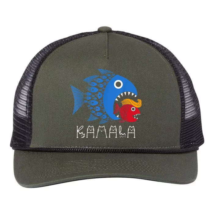 Kamala Over Trump Blue Wave Big Fish Eats Small Fish Retro Rope Trucker Hat Cap