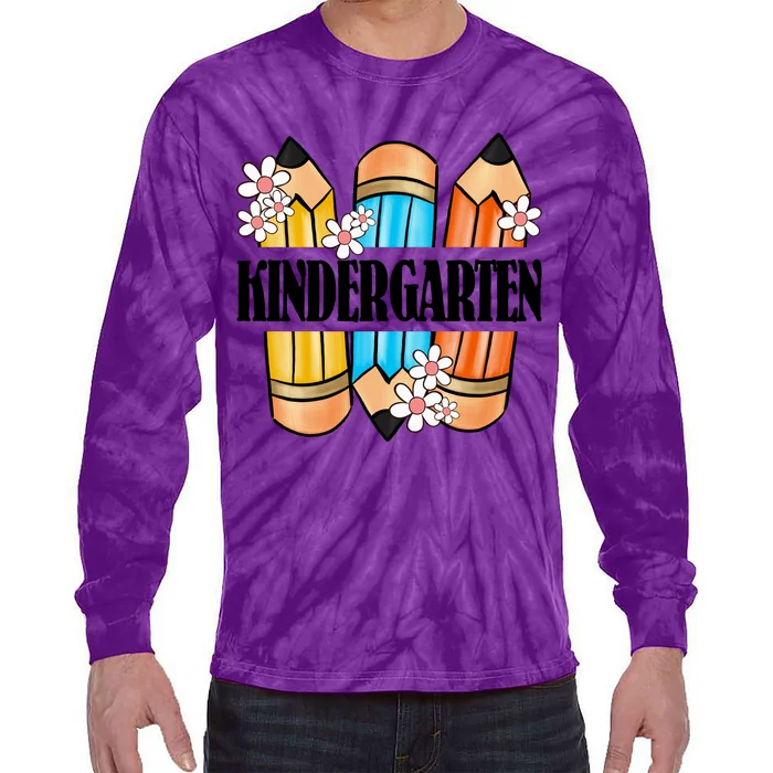 Kindergarten Pencil And Flower Back To School Graphic Tie-Dye Long Sleeve Shirt