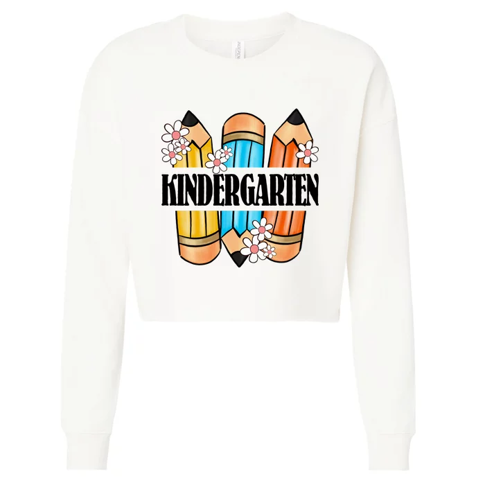 Kindergarten Pencil And Flower Back To School Graphic Cropped Pullover Crew