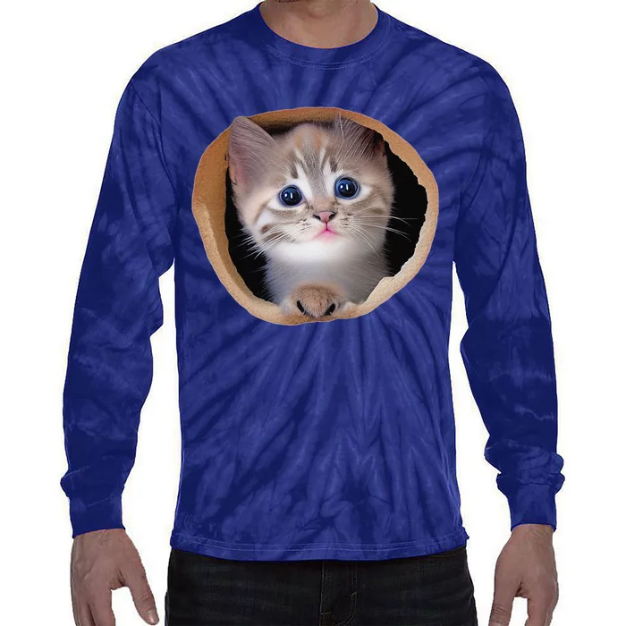 Kitten Peek Cracked Wall Torn Cloth National Kitten Cat Day Tie-Dye Long Sleeve Shirt