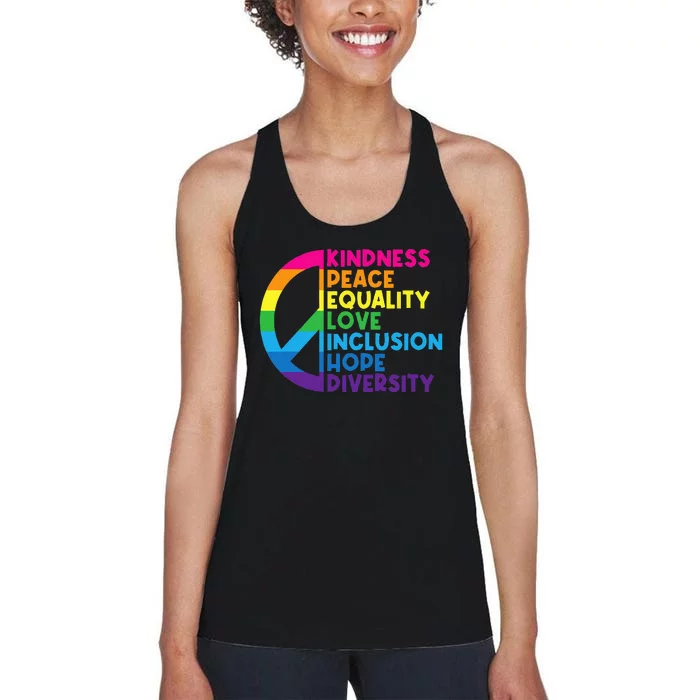 Kindness Peace Equality Love Inclusion Hope Diversity Women's Racerback Tank