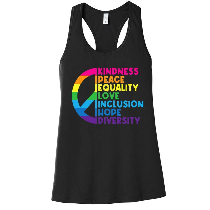 Kindness Peace Equality Love Inclusion Hope Diversity Women's Racerback Tank