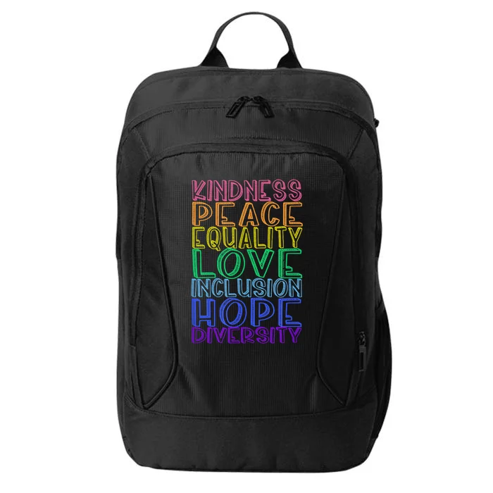 Kindness Peace Equality Love Inclusion Hope Diversity City Backpack