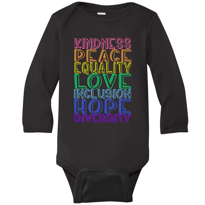 Kindness Peace Equality Love Inclusion Hope Diversity Baby Long Sleeve Bodysuit