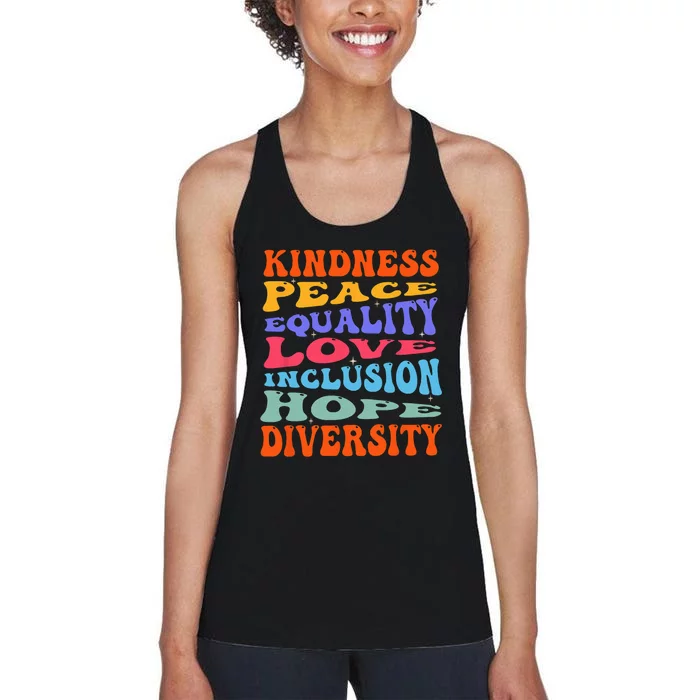 Kindness Peace Equality Love Inclusion Hope Diversity Women's Racerback Tank