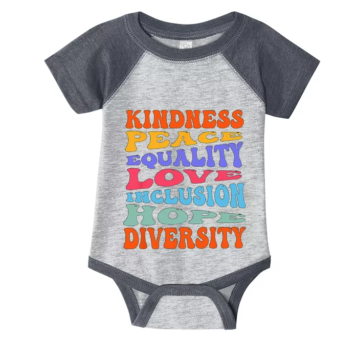 Kindness Peace Equality Love Inclusion Hope Diversity Infant Baby Jersey Bodysuit