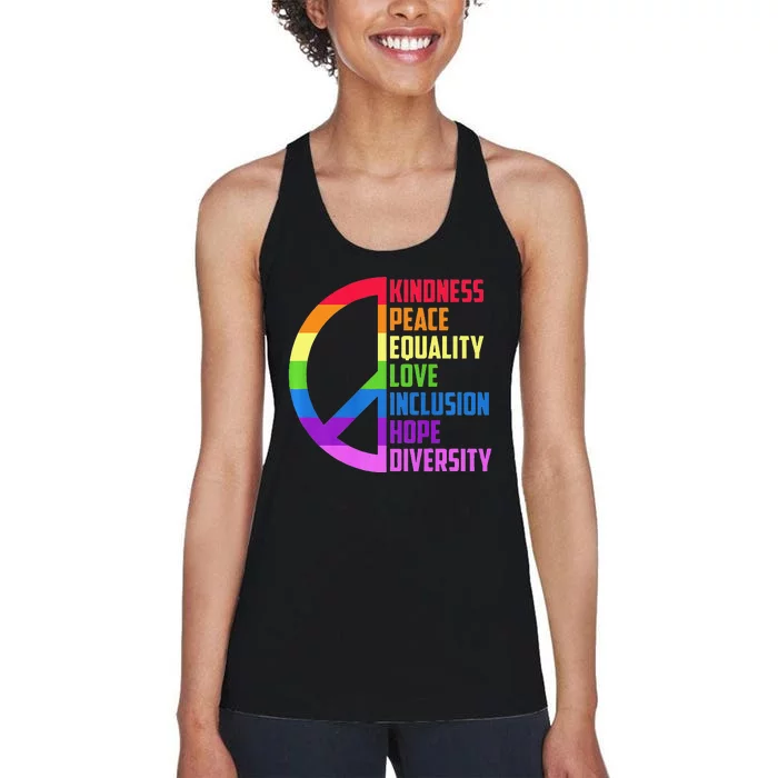 Kindness Peace Equality Love Inclusion Hope Diversity Women's Racerback Tank